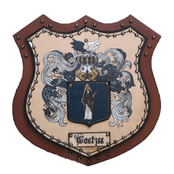 Tienie and Yvonne Heraldic Family Crest on Leatherfor Surname Coetzee